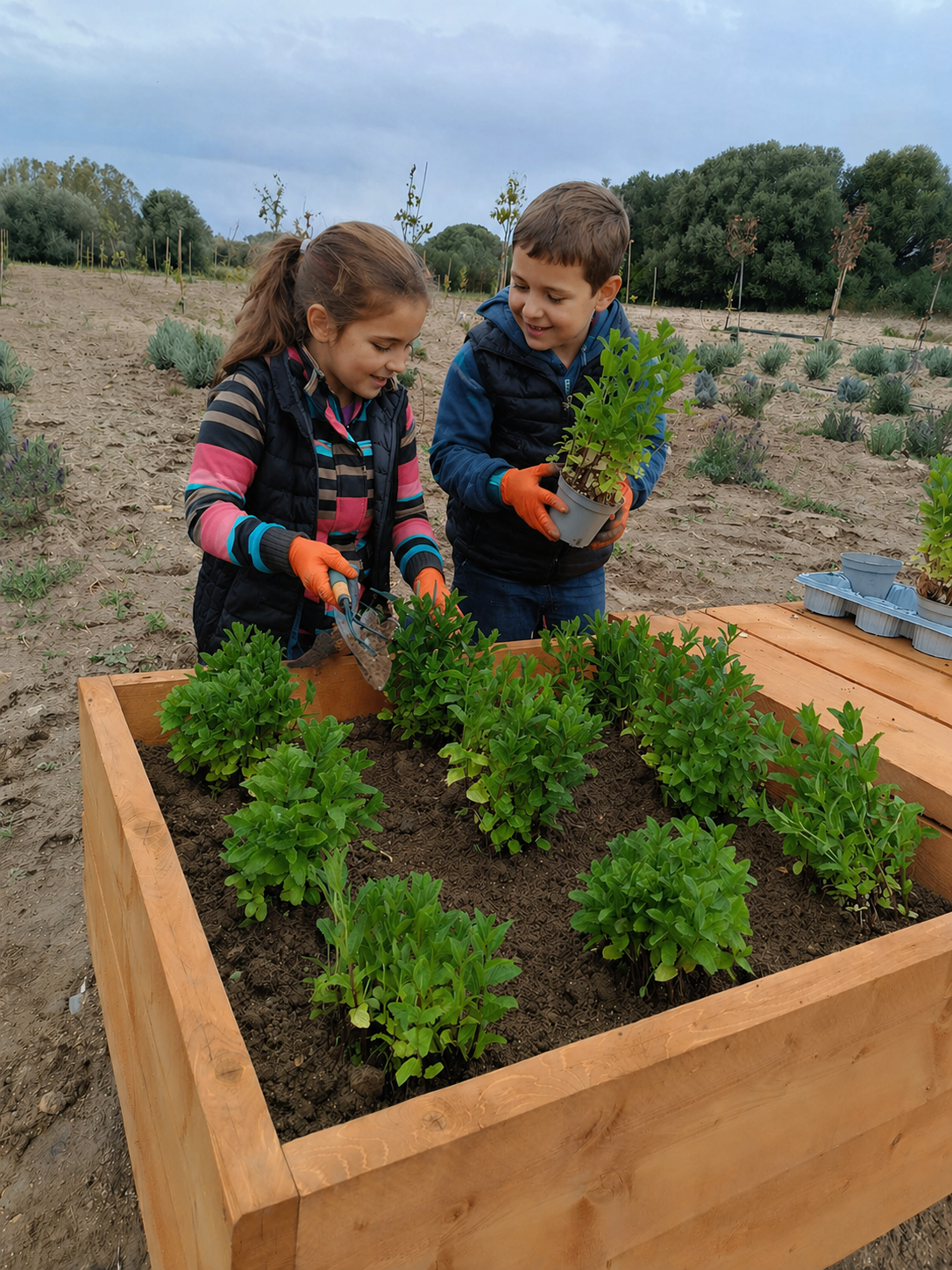 Bambini che piantano nuove piantine nell'orto